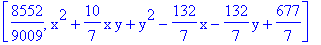 [8552/9009, x^2+10/7*x*y+y^2-132/7*x-132/7*y+677/7]